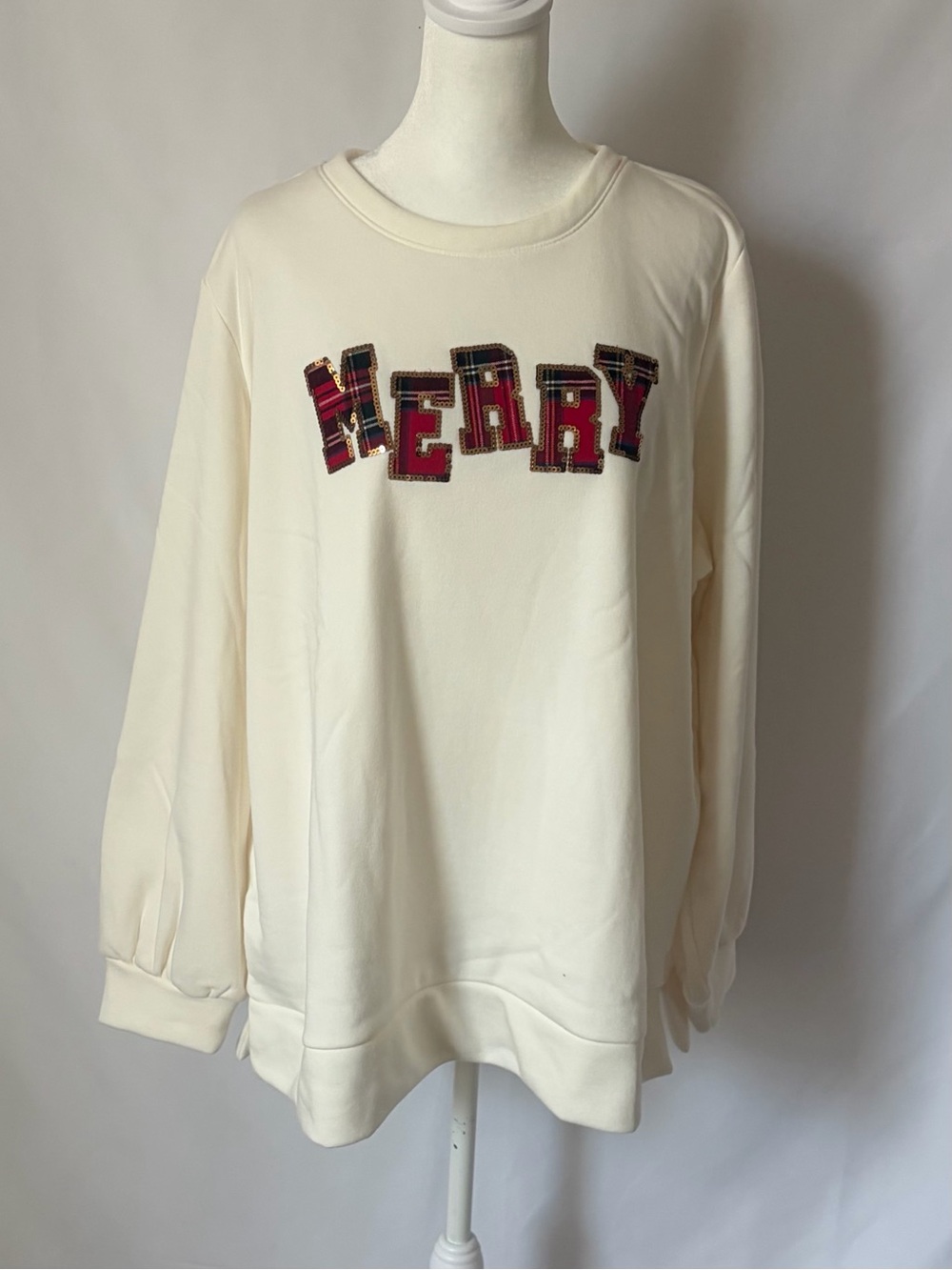 New Jingle Belles by Kim Gravel Totally Tartan Holiday Sweatshirt Cream X-Large